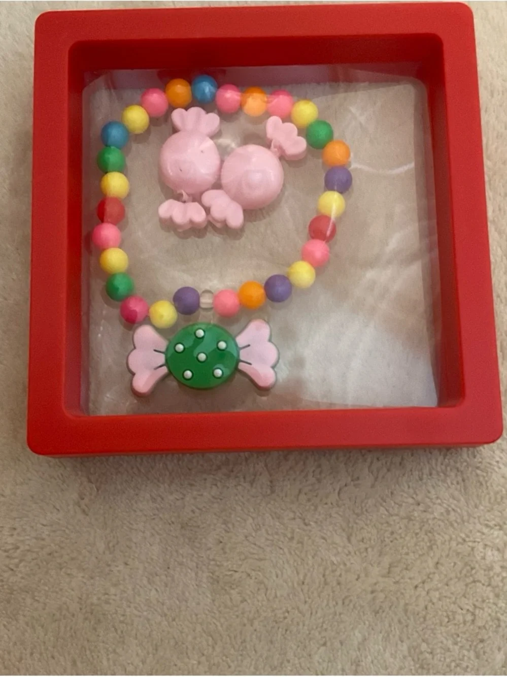 Kids Pink & Multicolor Candy Bead Necklace and Stud Earrings Set